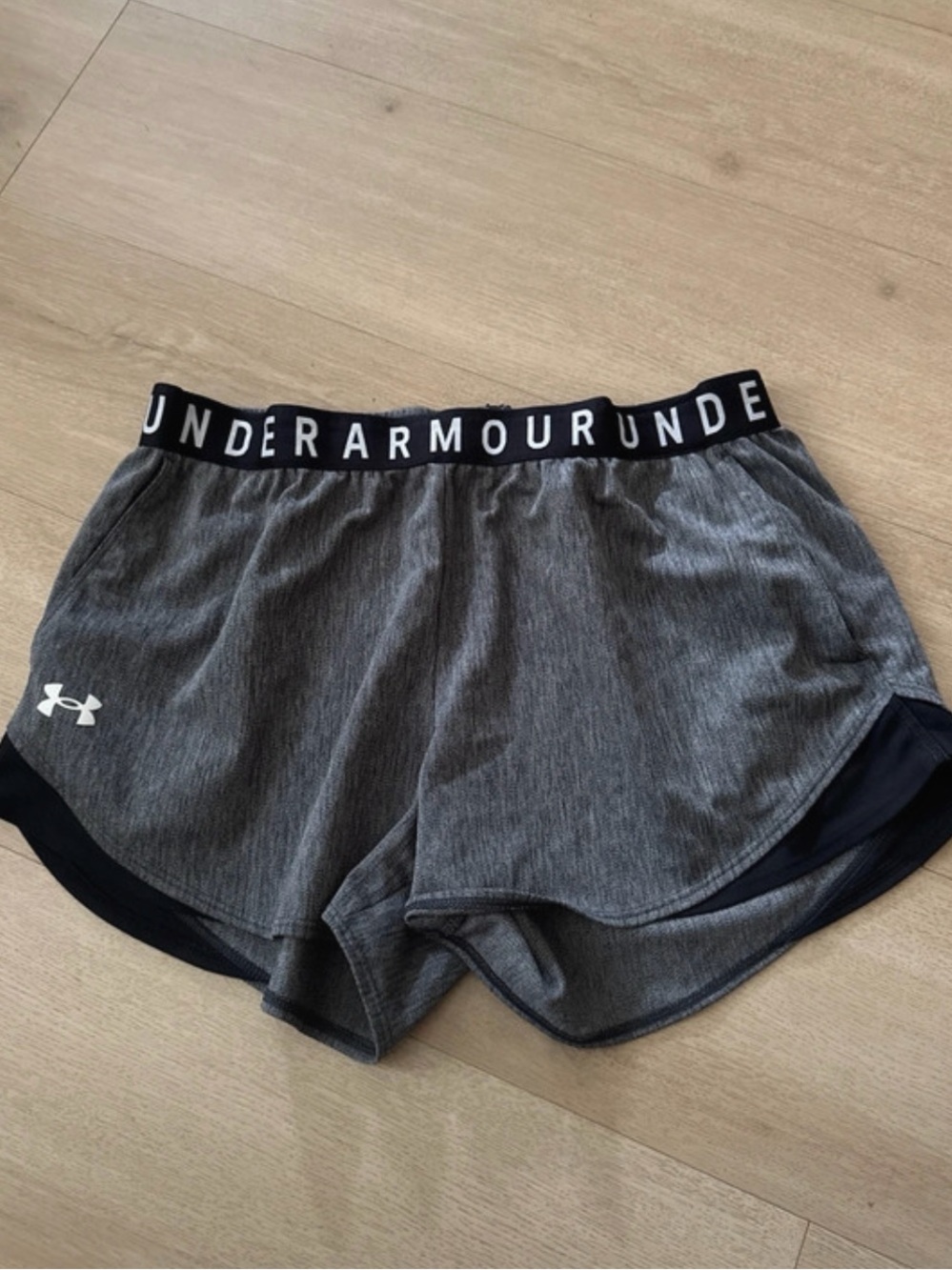 Under Armour Women’s Gray Heather Athletic Shorts with Black Logo Waistband